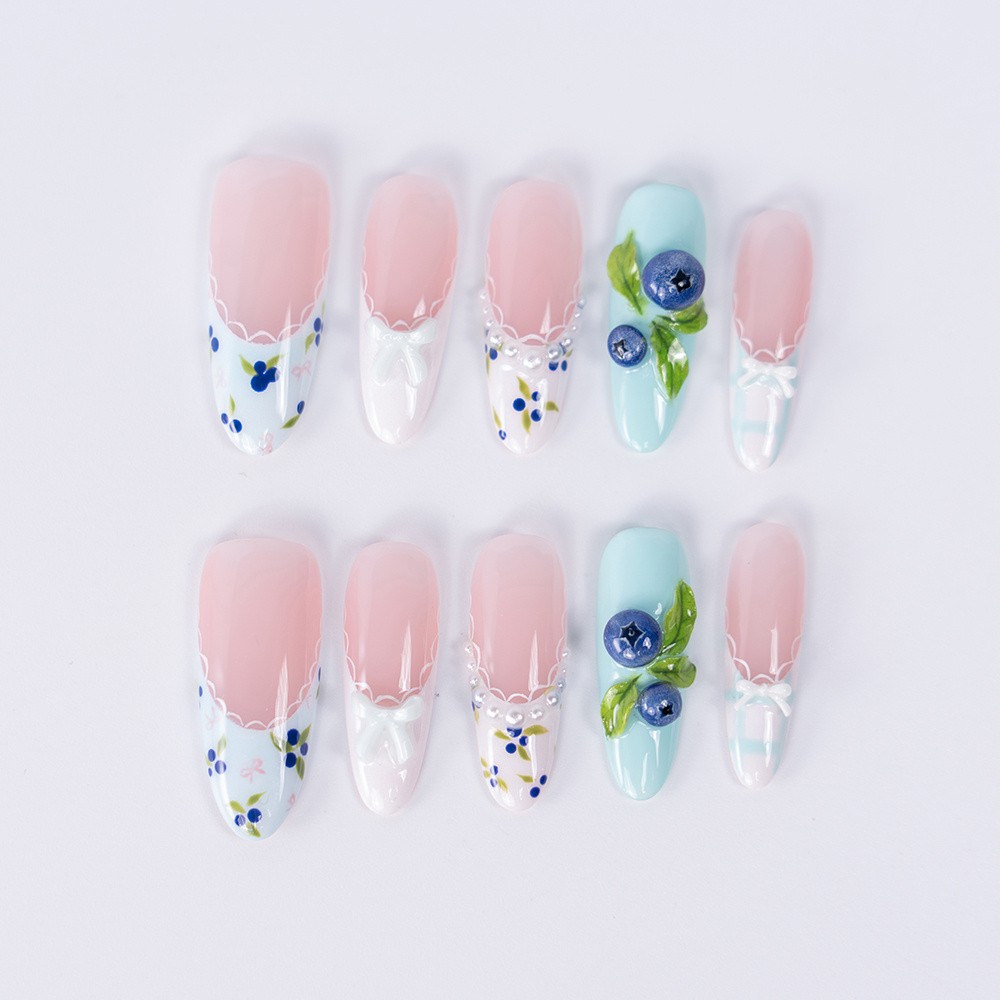 10pcs Pink Mint Square Nails 3D Blueberry Lace Bow Summer Picnic Cute