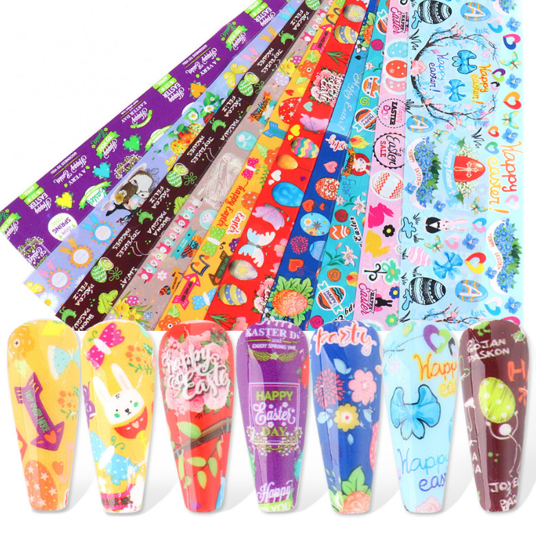 10 Rolls Easter Rabbit Eggs Flower Heart Nail Foil Transfer Stickers Decals