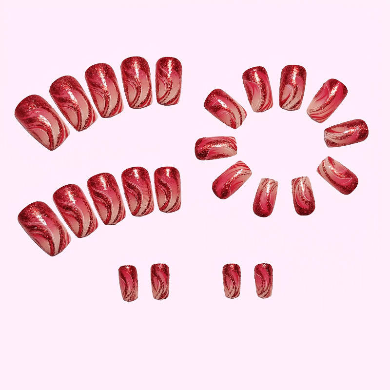 48Pcs Coffin Pink Glitter Press on Nails Swirl Wave Design Party Wear