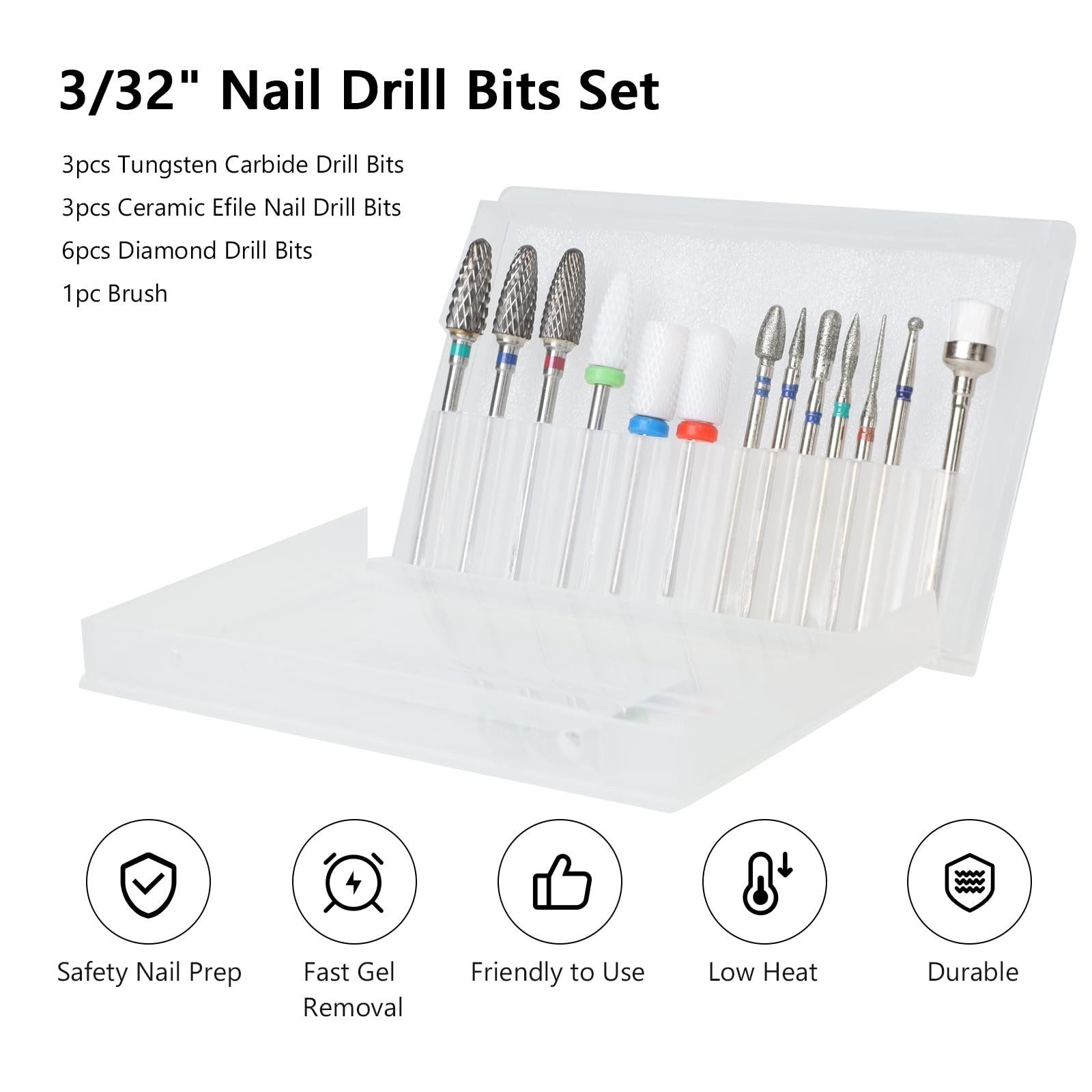 13PCS Nail Drill Bits Set, 3/32” Professional Nail Drill Bits, Tungsten Ca