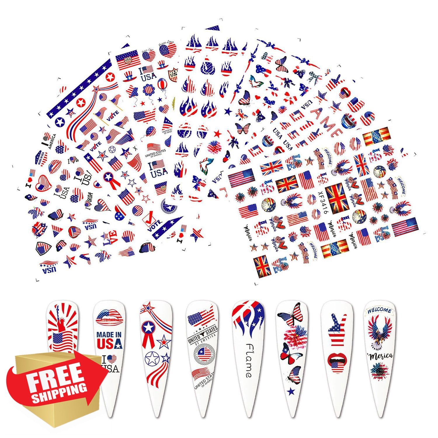 Mdscve 8 Sheets 4th July Nail Stickers Blue Red Stars