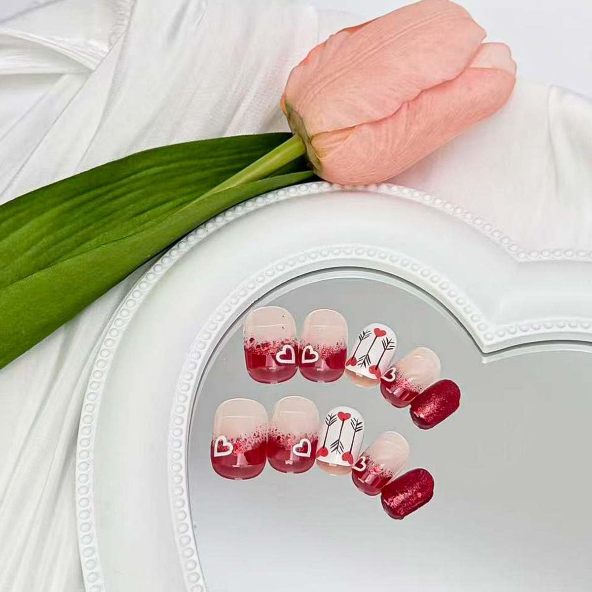 24Pcs Valentines French Tip Press on Nails Short Square Heart Fake Nails Red …