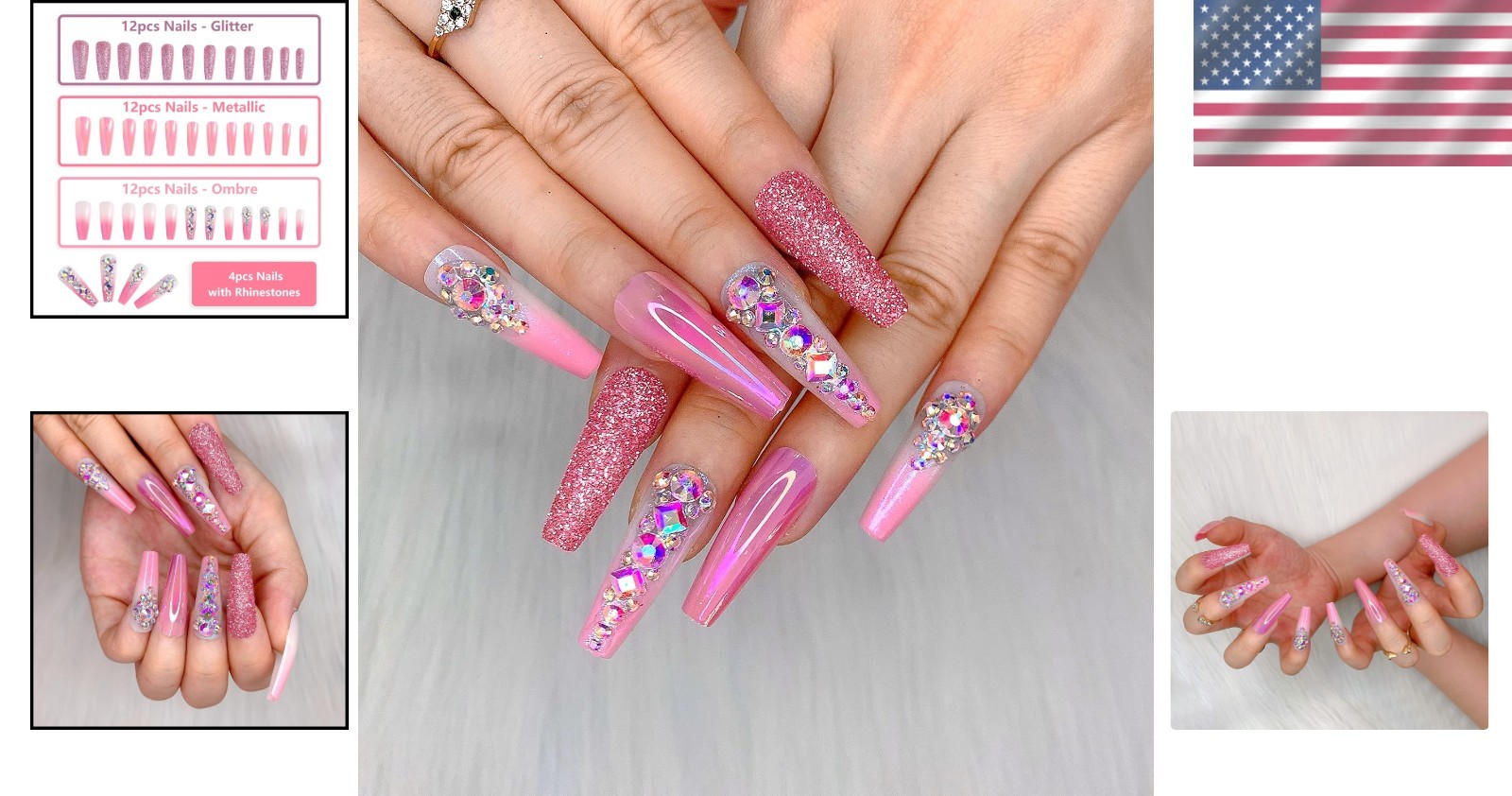 36pcs Easy to Apply Pink Ombre Press-On Nails with 3D Gems – Perfect for Parties