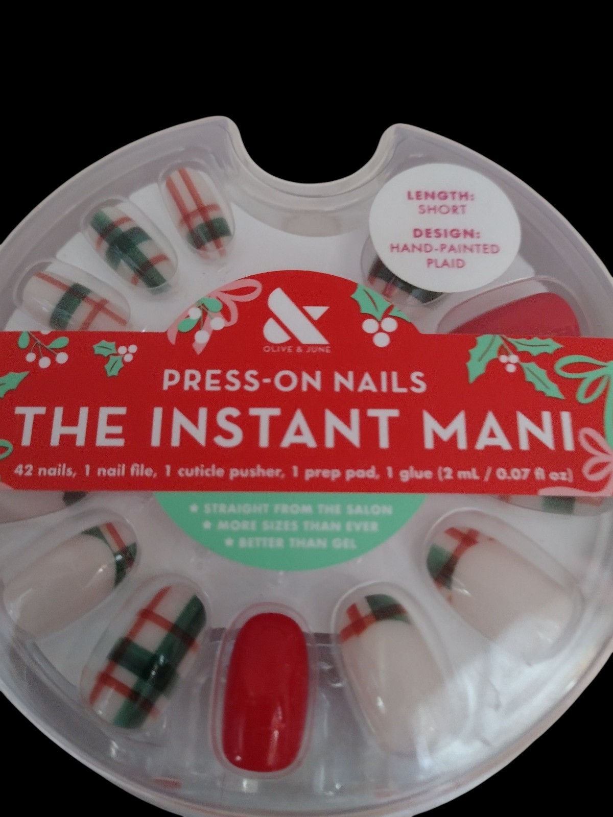 Olive & June THE INSTANT MANI 42ct SHORT LENGTH Press On Nail HAND-PAINTED PLAID