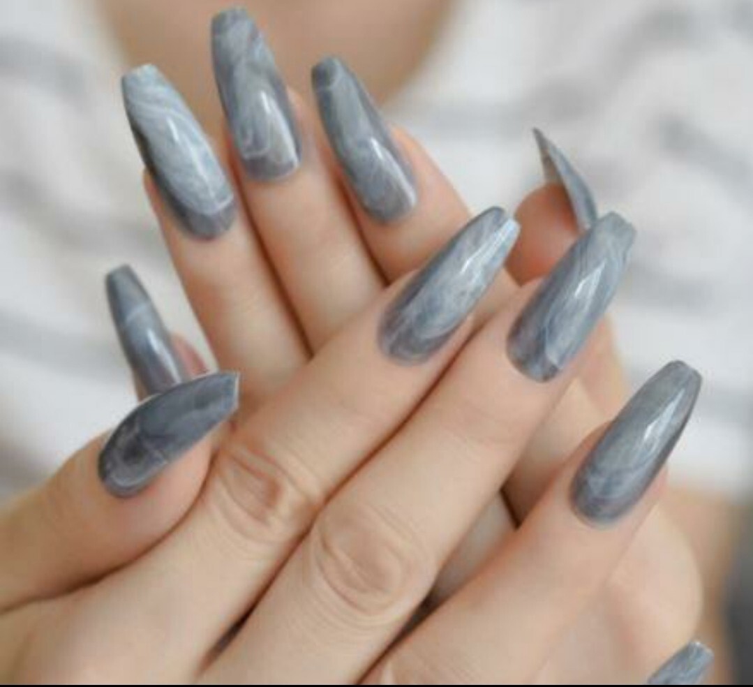 24 Blue Gray marble Press On Nails kit glue on Gray smoky art extra long coffin