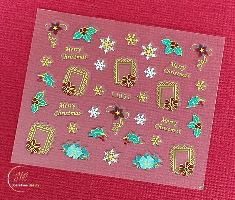 Merry Christmas Holly Poinsettia Frame Bow Snowflakes 3D Nail Art Sticker TJ051