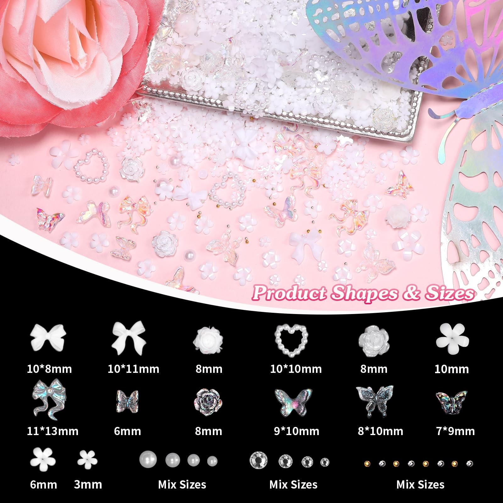 1000 Pcs White Flower Nail Charms, 3D Tiny Flowers Charms for Acrylic Nails Mixe