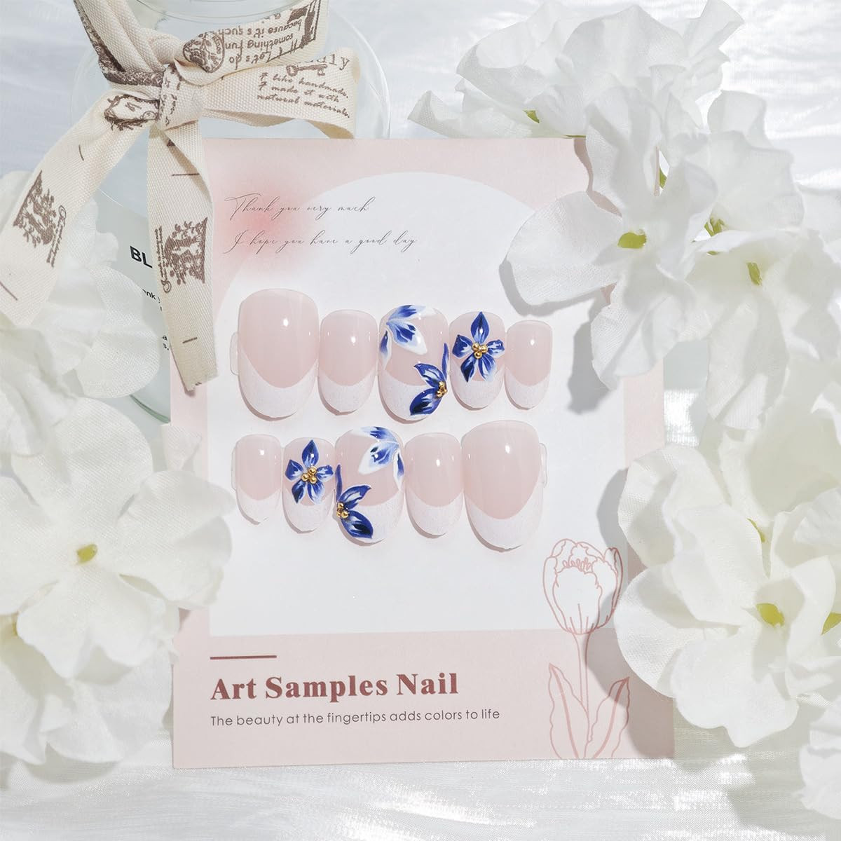 24Pcs Blue Flower Press on Nails Medium Almond Fake Nails with 3D Gold Rhineston