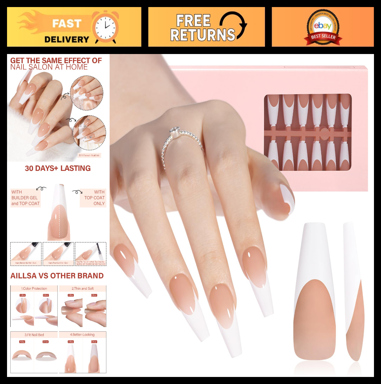 French Tip Press On Nails – 180 Pcs Long Coffin Brown, Soft Nail Tips, No File,