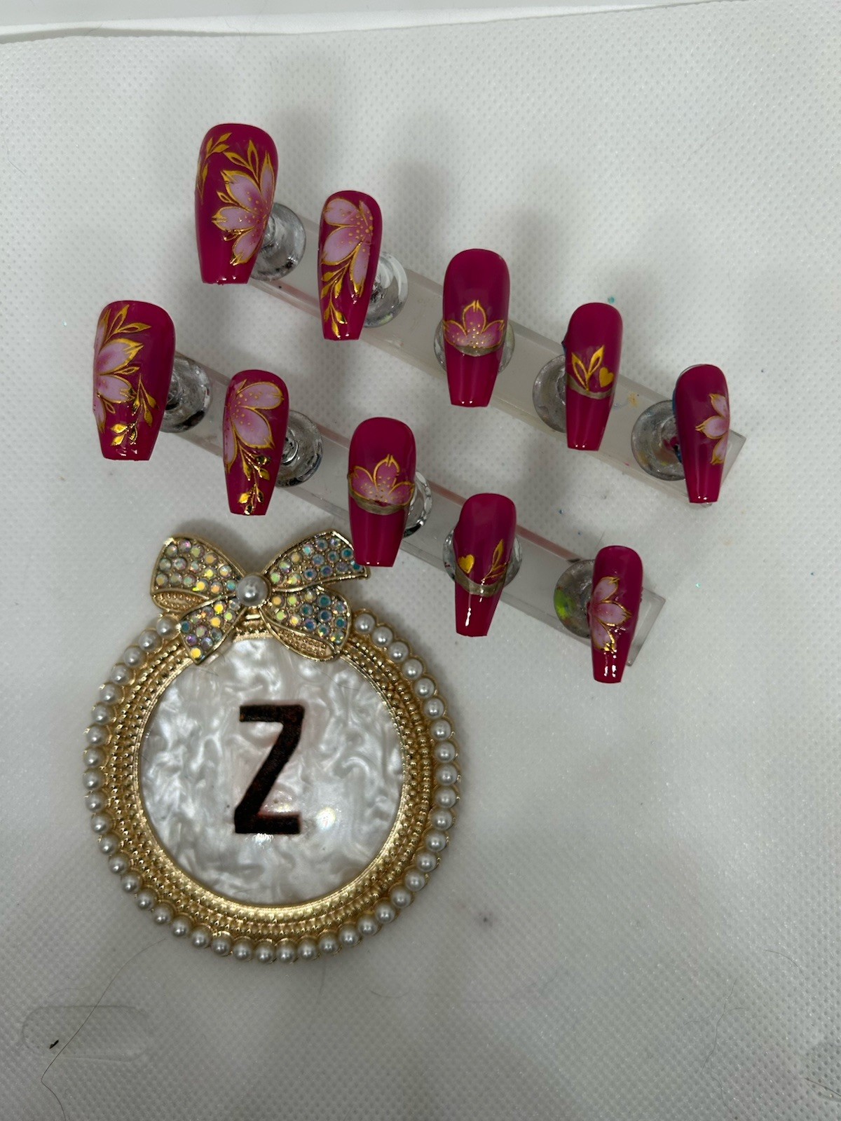 Z NAILZ! Handmade M Coffin Dk Pink With Lt Pink Flower Stickers Press On Nails