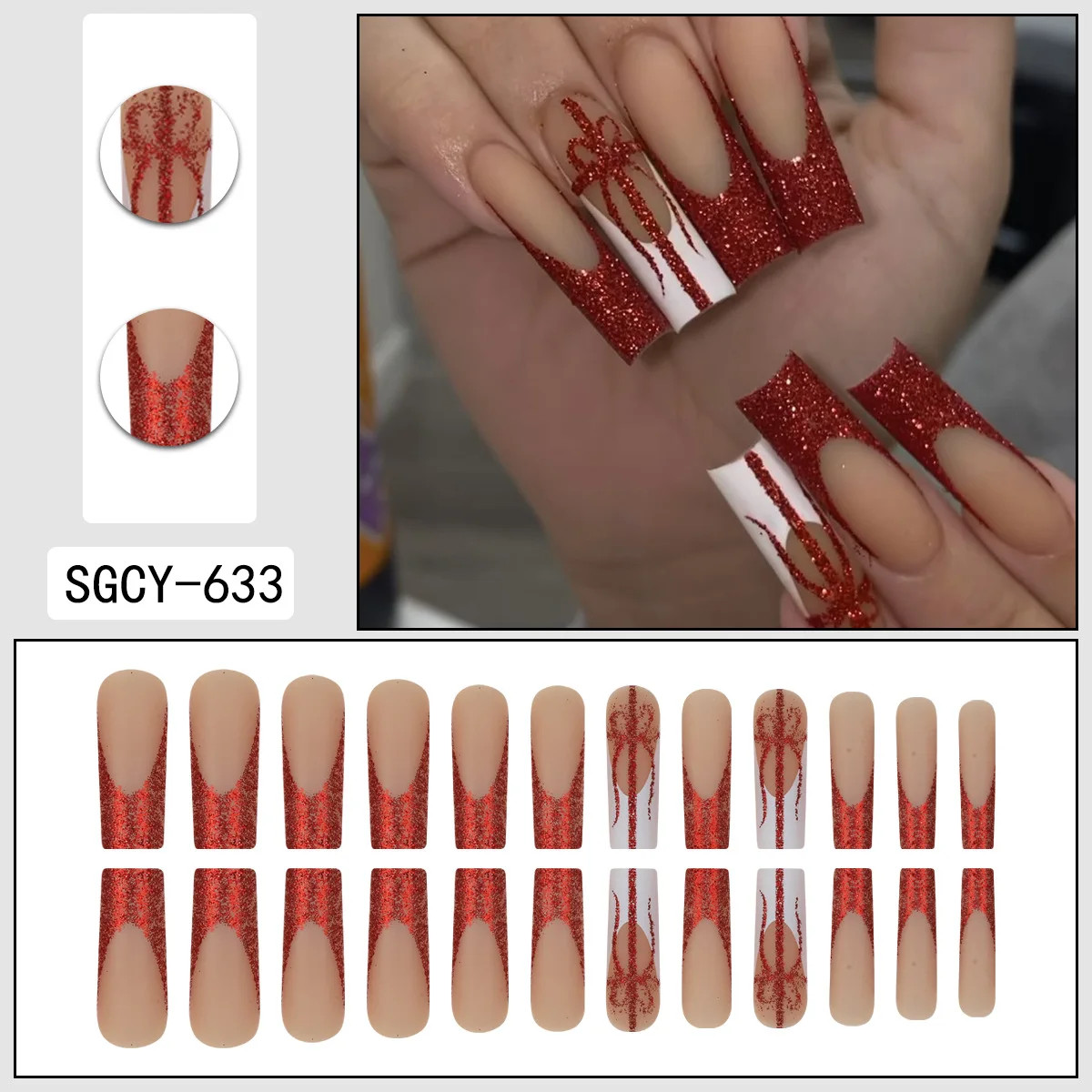 24Pcs Christmas Red Bow Snowflake Coffin Ballet Press On Nails