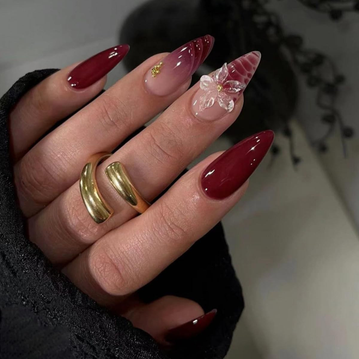 24Pcs Wine Red Press on Nails Medium Almond Flower Fake Nails Transparent 3D Flo