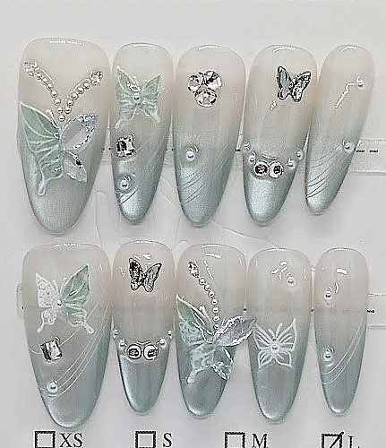 10 pc. discontinued Handcrafted almond 3D butterfly press on nails pearlized