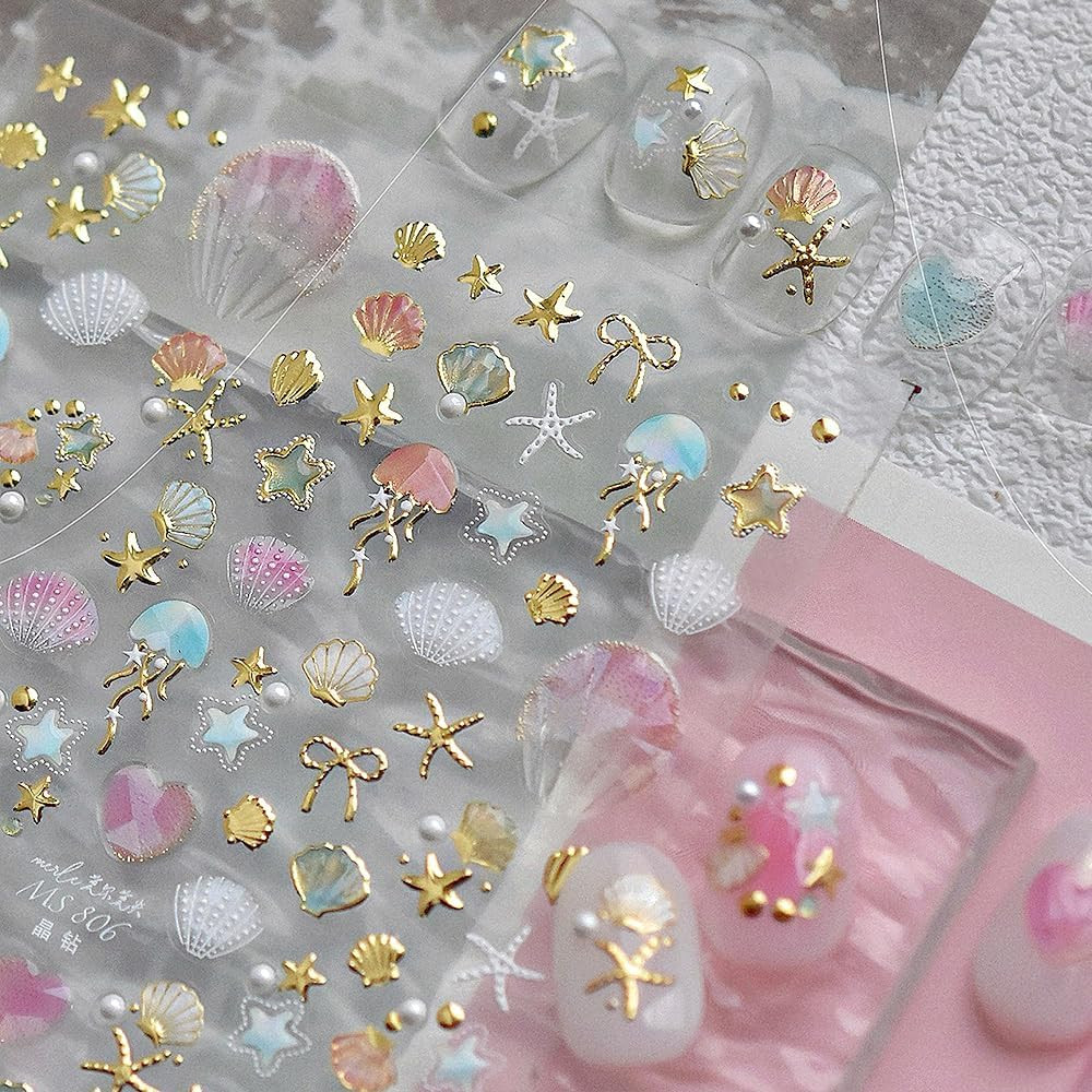 Shiny Golden Jellyfish Starfish Seashell Sea Beach Summer Nail Stickers Cute Bow