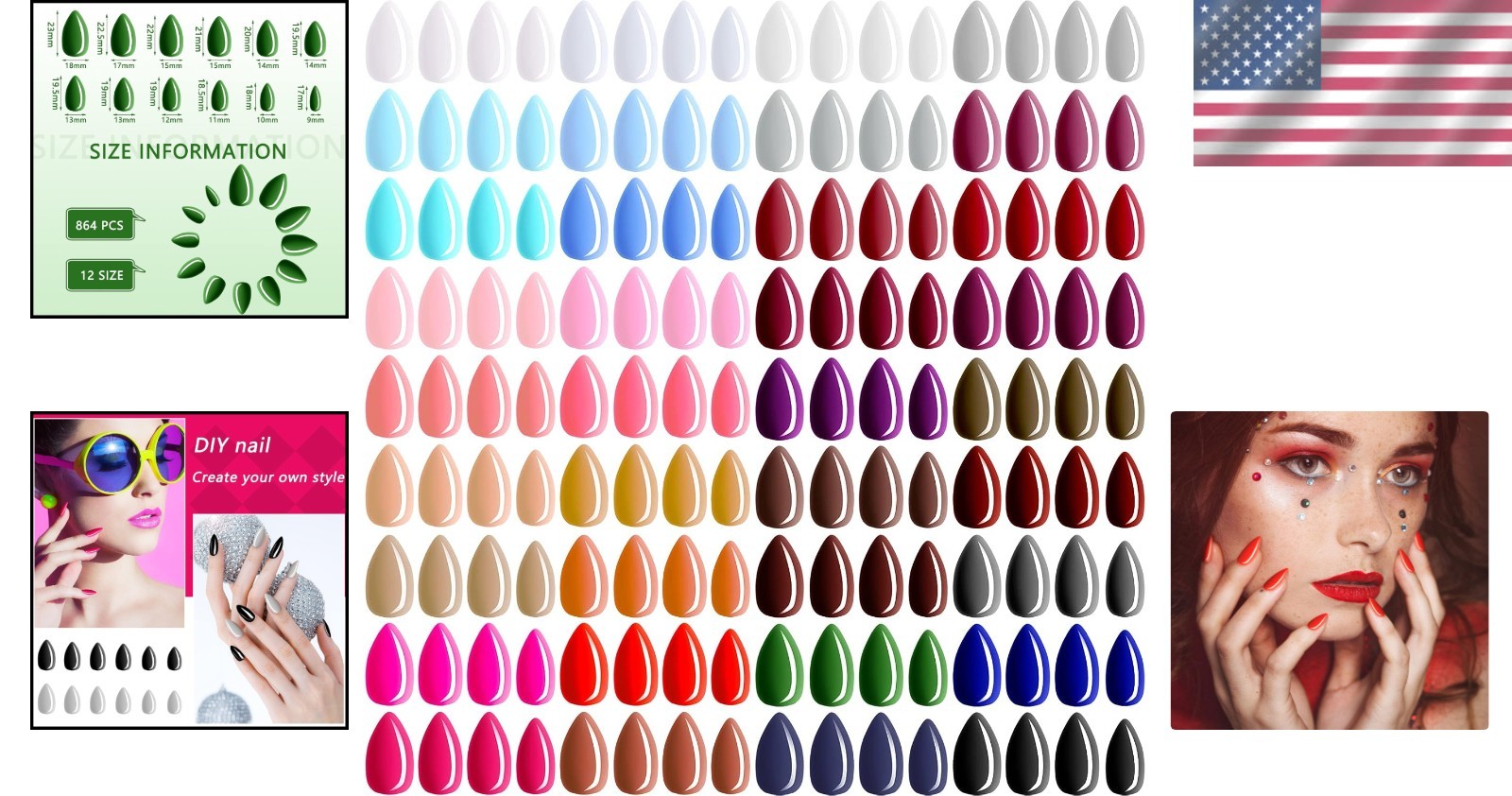 Luxurious 36-Set Almond Press on Nails – 864 Durable, Safe, Colorful Designs