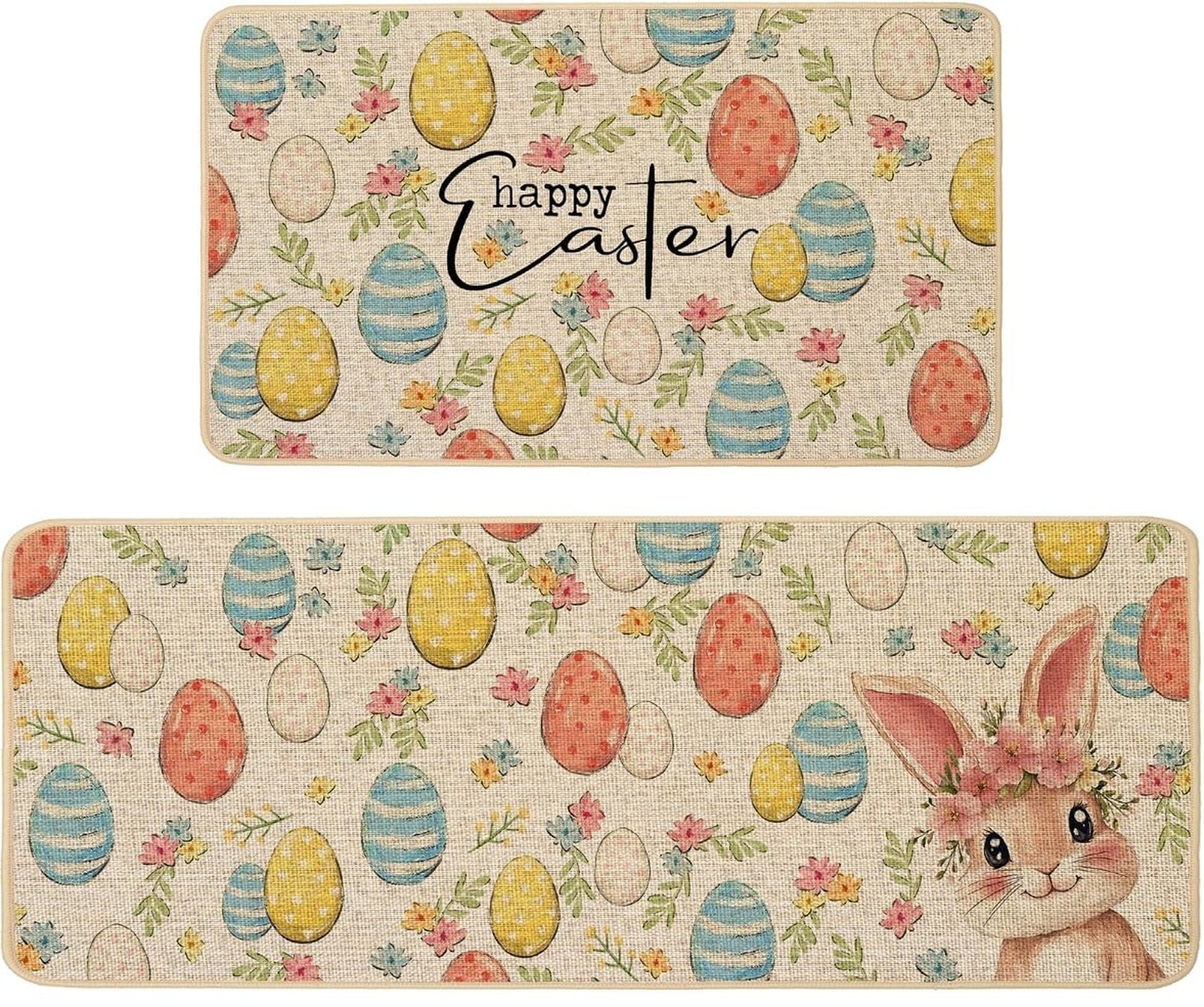 Baccessor Easter Kitchen Rugs Set of 2, Bunny Colorful Eggs Floral Kitchen Ma…