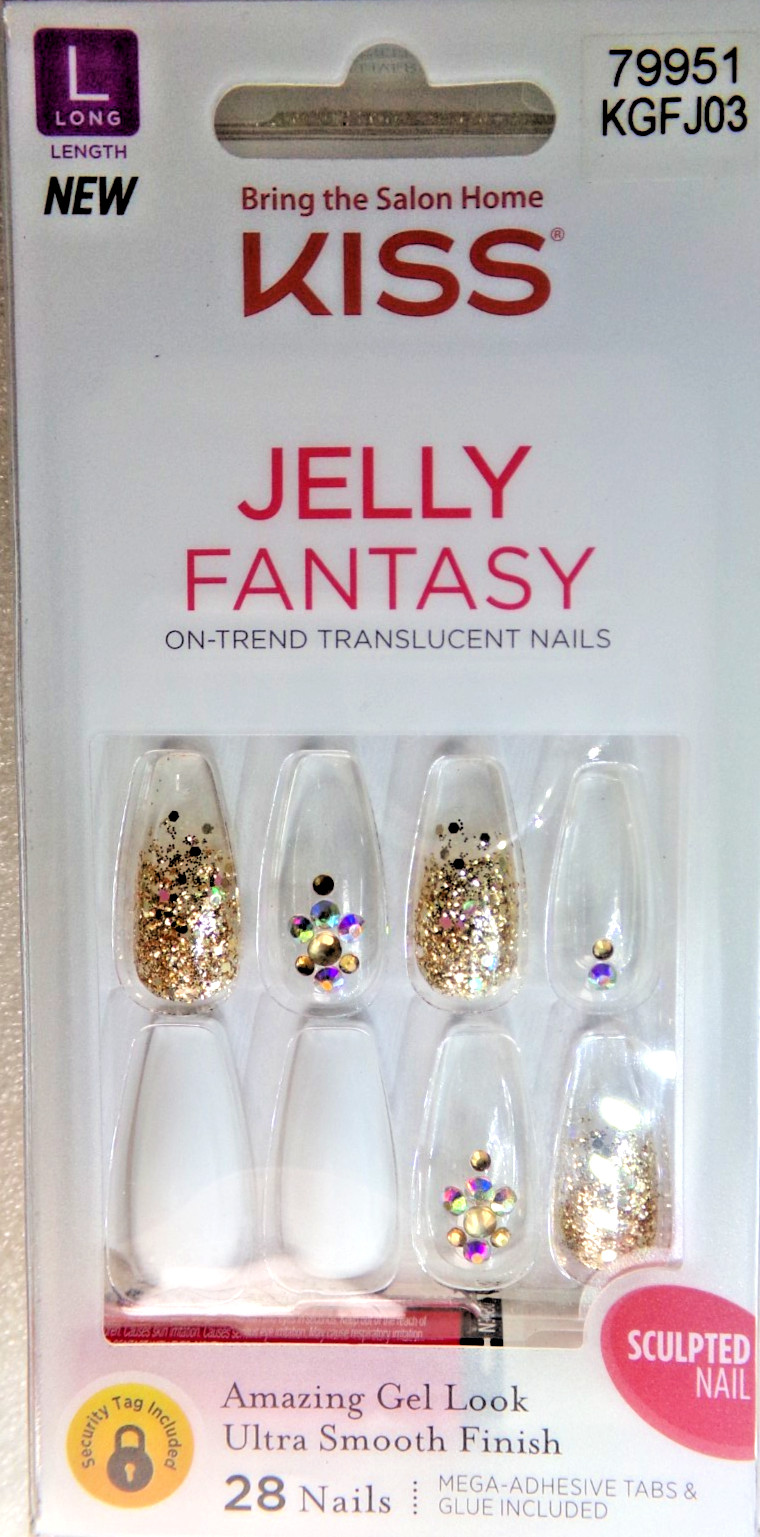 KISS JELLY FANTASY NAILS GLUE ON White & Clear LONG LENGTH, SCULPTED