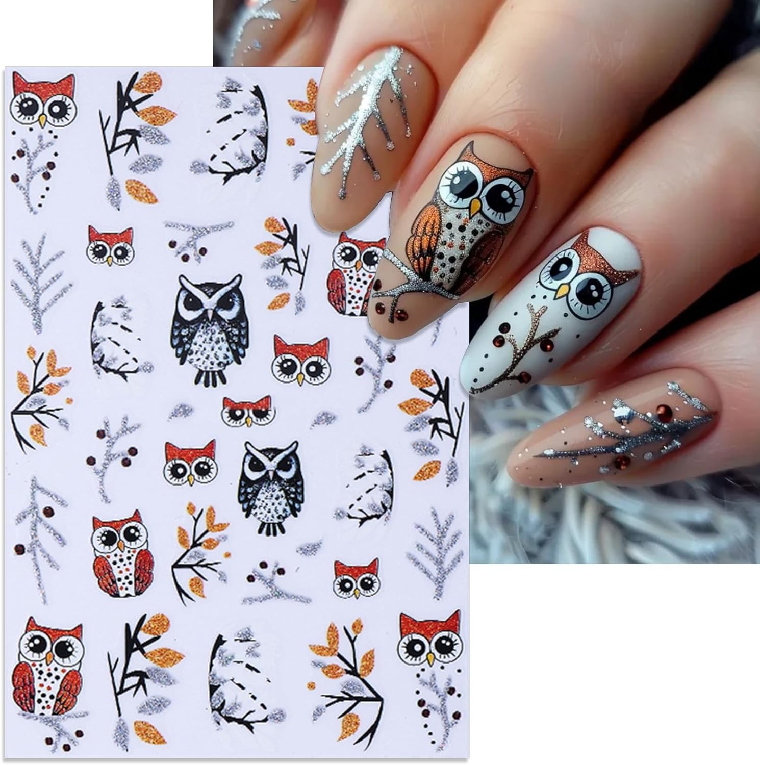 6 Sheets Christmas Nail Stickers, Winter Owl & Snowflake Self-Adhesive Mix