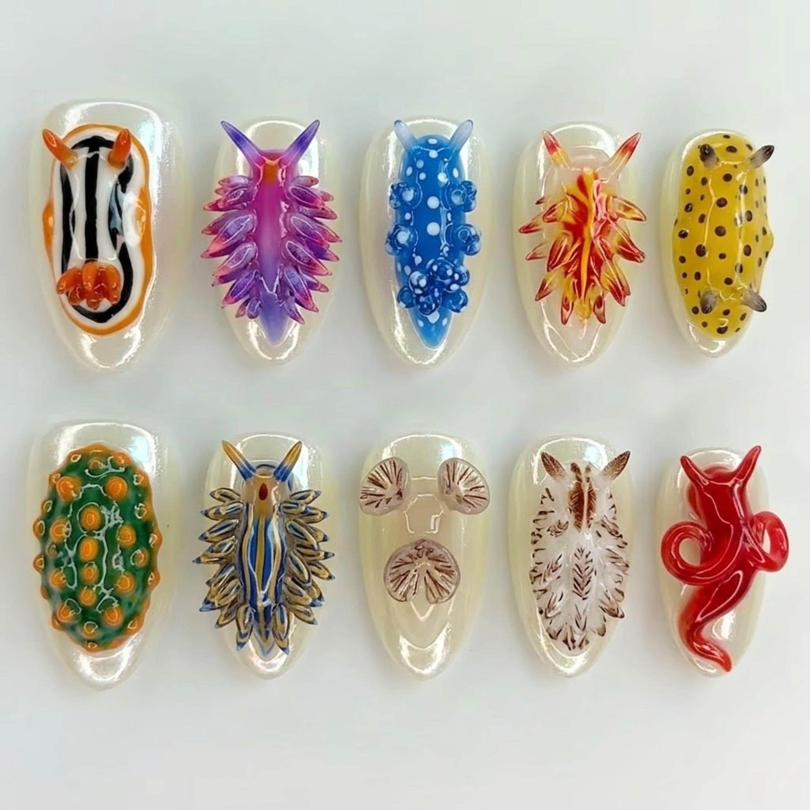 Custom Handmade 3D Colorful Sea Slug Nudibranch Octopus Almond Press on Nails