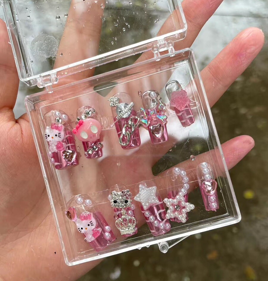 Hello Kitty Pink metallic Pink Handmade Artisan Press On Nails