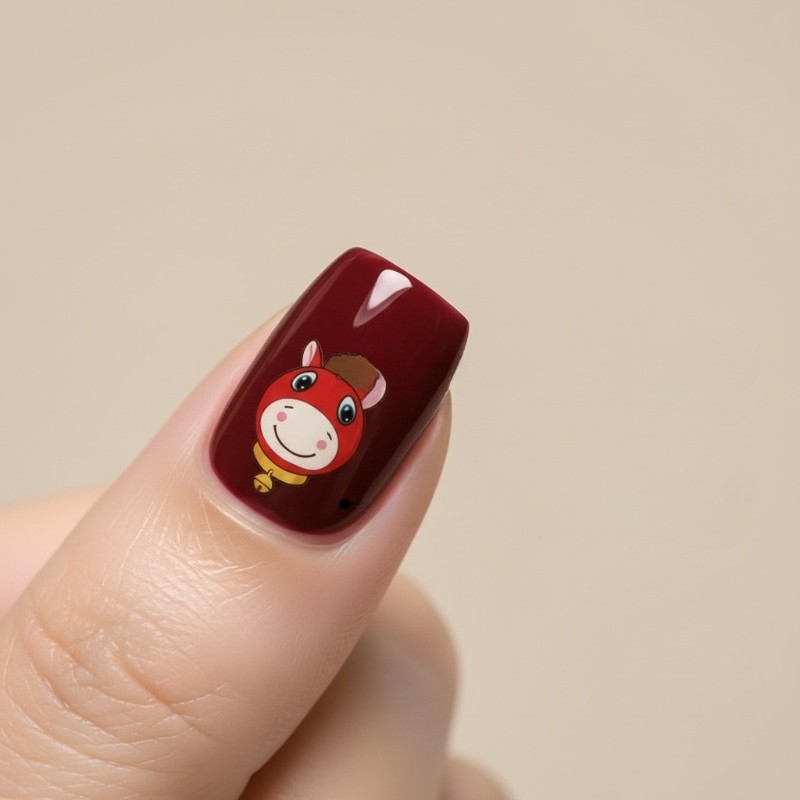 48Pcs Short Square Red Cartoon Horse Press on Nails Cute Holiday Party Wear