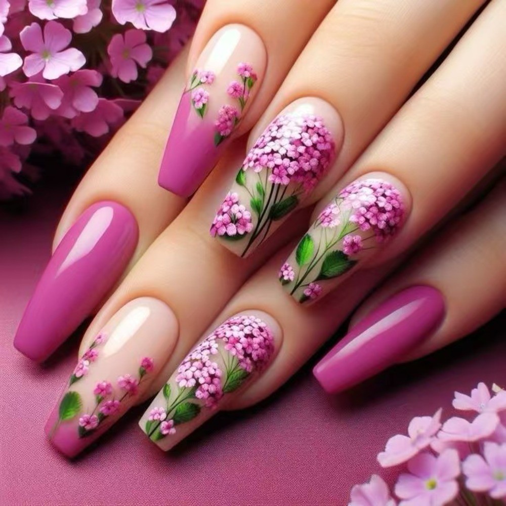 Floral Glossy, Long, Ballet-style, 24pcs Nail Tips, Detachable, Press-on Nails