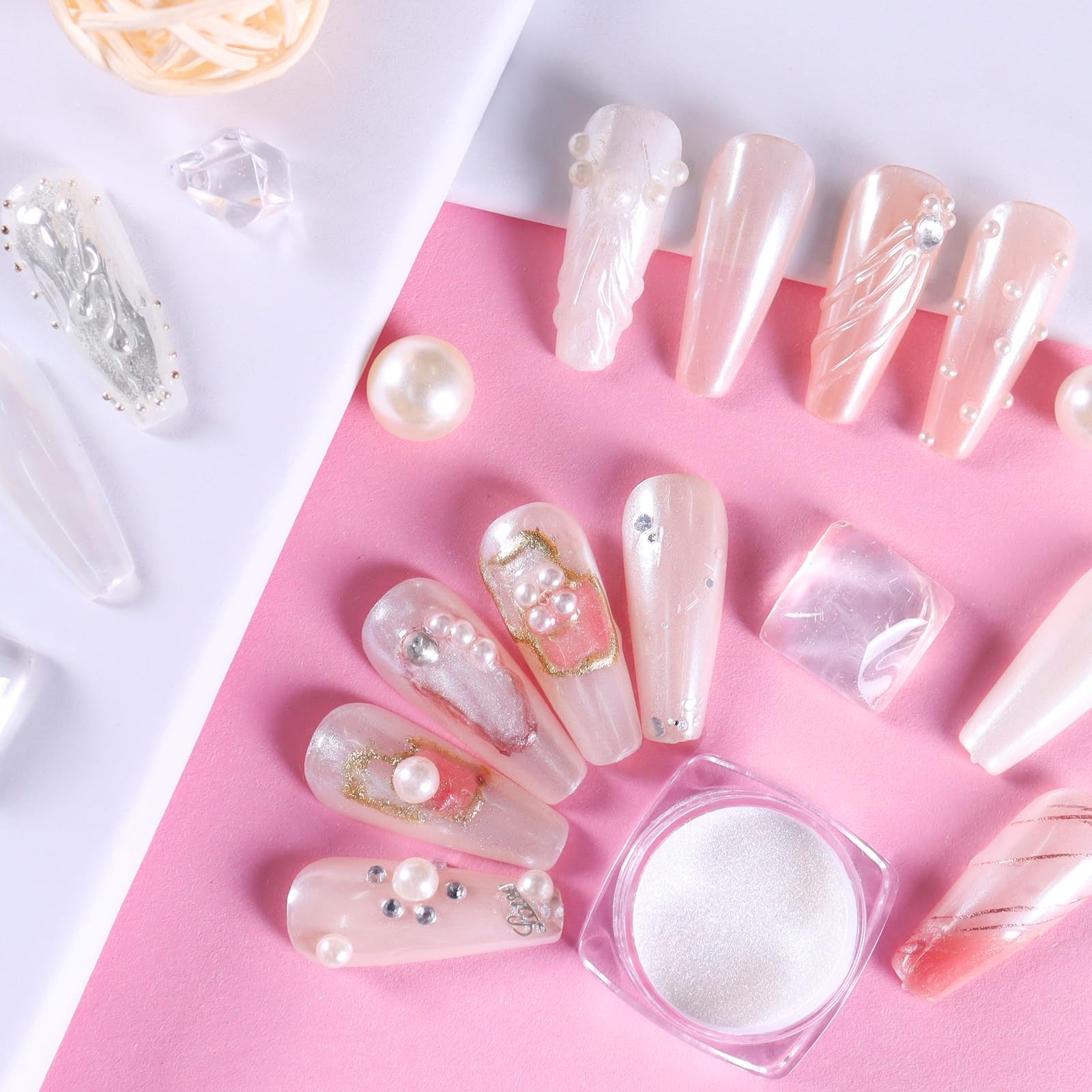 Allstarry White Pearl Chrome Nail Powder, Iridescent Aurora Powder A-Pearl