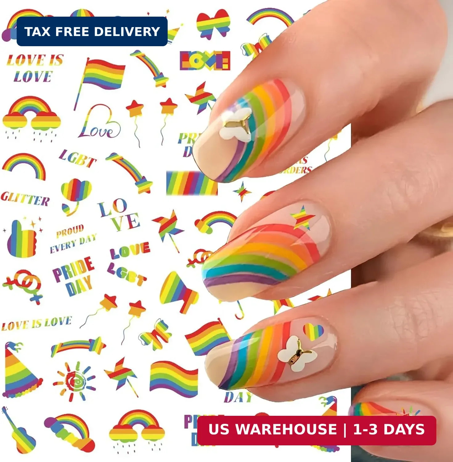 4 Sheets LGBTQ+ Pride Nail Stickers Cute Rainbow Nail Art Decals 3D Self-Adhesiv