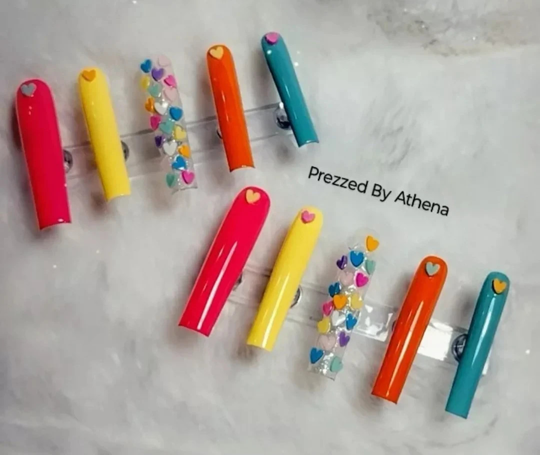 Luxury Handmade Press-On Nails I Reusable I Colorful Hearts I Square Shape l 3XL