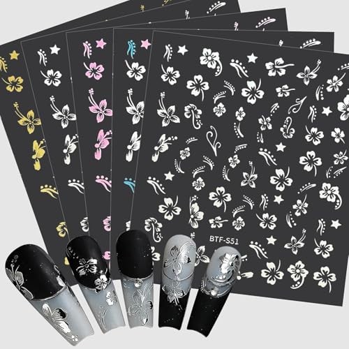 Flower Nail Stickers Hibiscus Nail Decals White Pink Golden Clear 5 Sheets