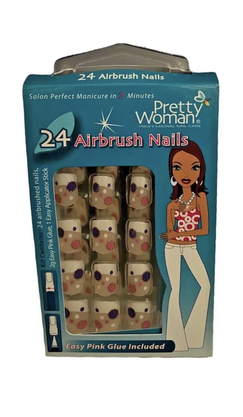 Pretty Woman 24Airbrush Nails +Glue. White Tips Purple Pink and White Polka Dots