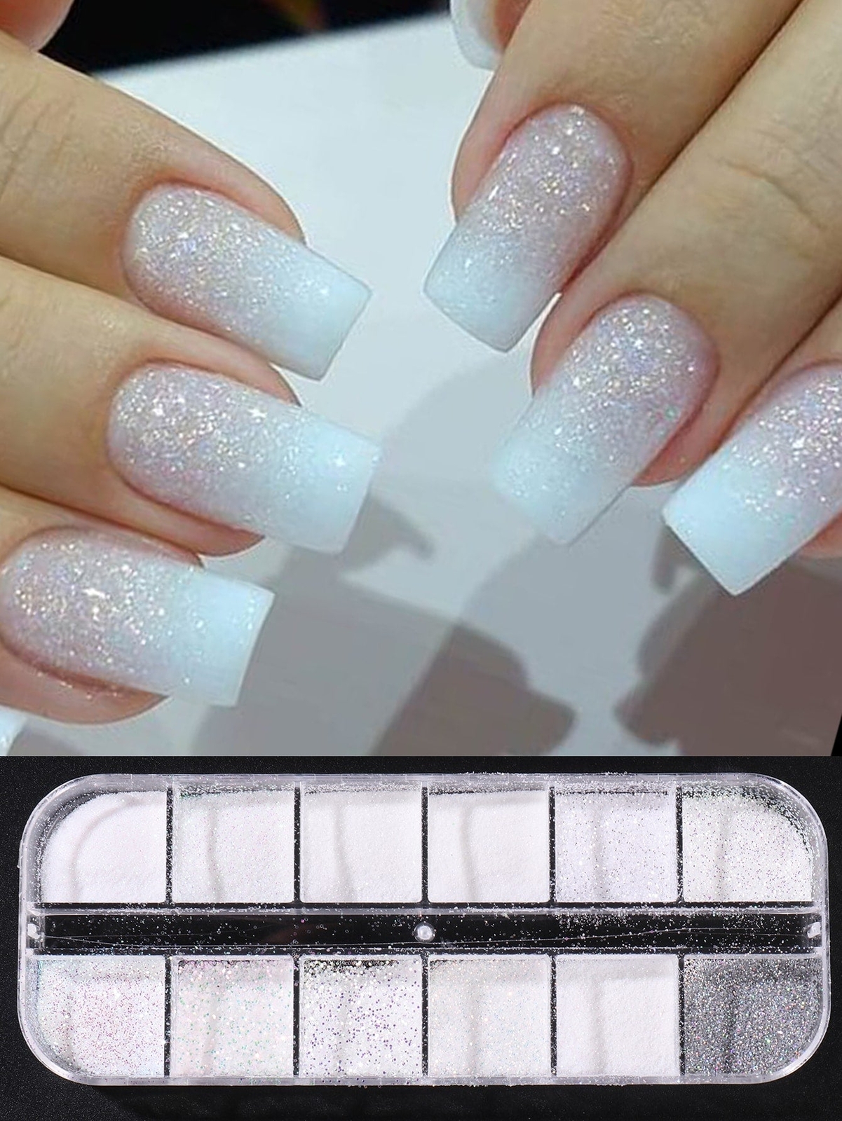 =Sugar Nail Glitter Powder, 12 Grids Iridescent Sandy White Color Nail Glitter