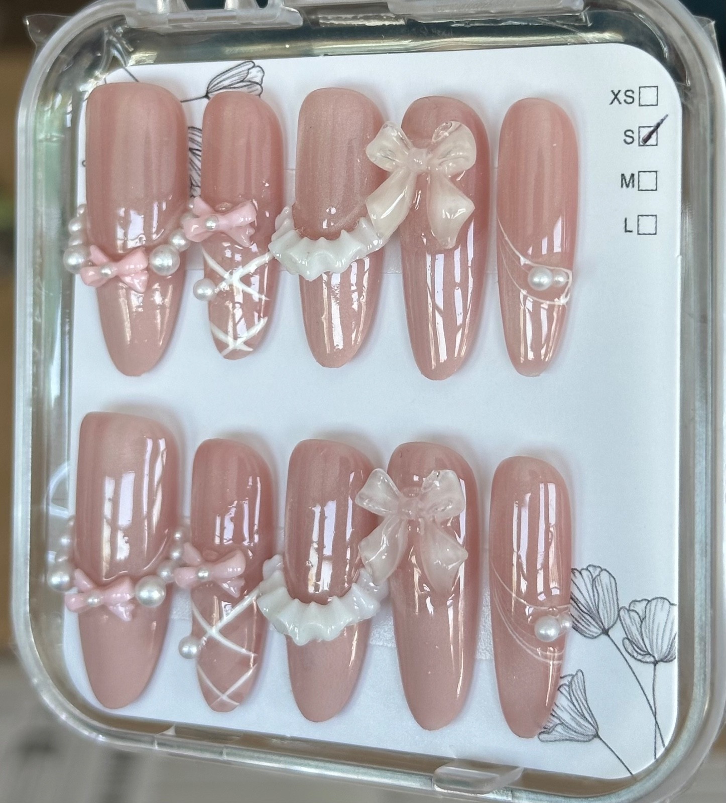 Press-On Gel Nails Set: Ballerina Bows & Pearls, long almond shape, size S