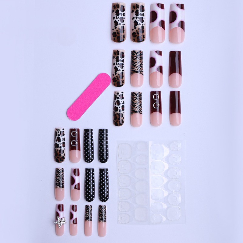 48Pcs-Bold Red Black Animal Press on Nails Glossy Long Square Nail Art Set