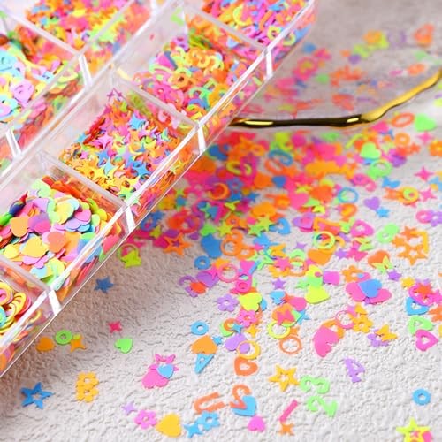 12 Grids Colorful Heart Nail Art Glitter Sequins 3D Holographic Mixed Pack