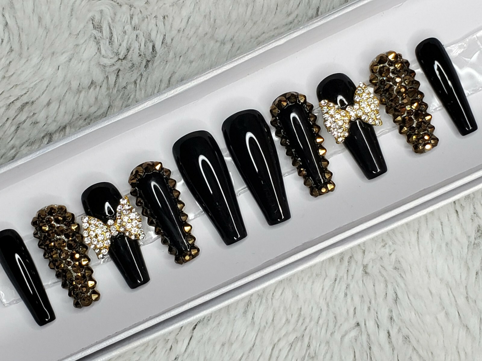 Black & gold bling long tapered ballerina press on nails diamond crystal bow