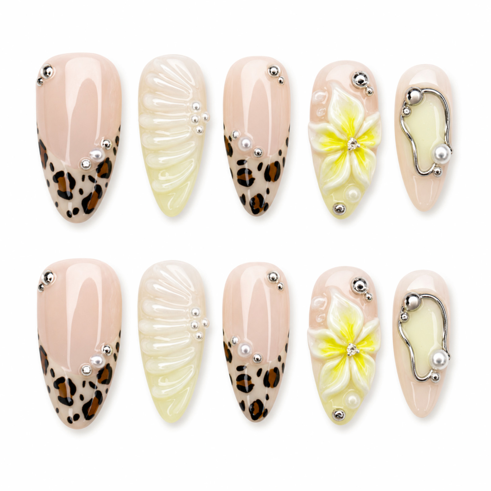 Handmade Leopard Floral Press On Nails 3D Pearl Almond Nail Set