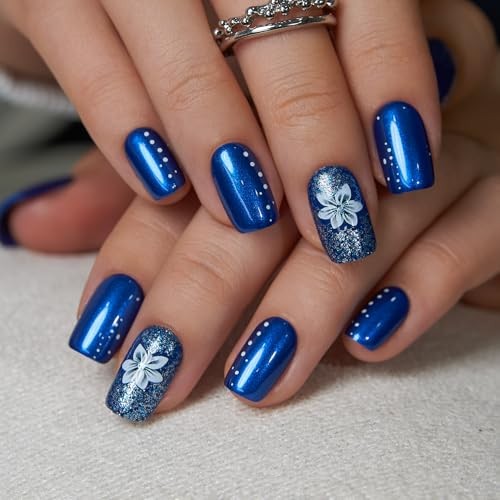 Press On Nails Short Square – Metallic Royal Blue Nails with White Flowers
