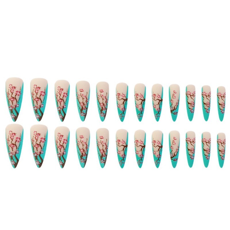 48pcs-Nude Turquoise Stiletto Nails, Press on With Pink Cherry Blossom Accents