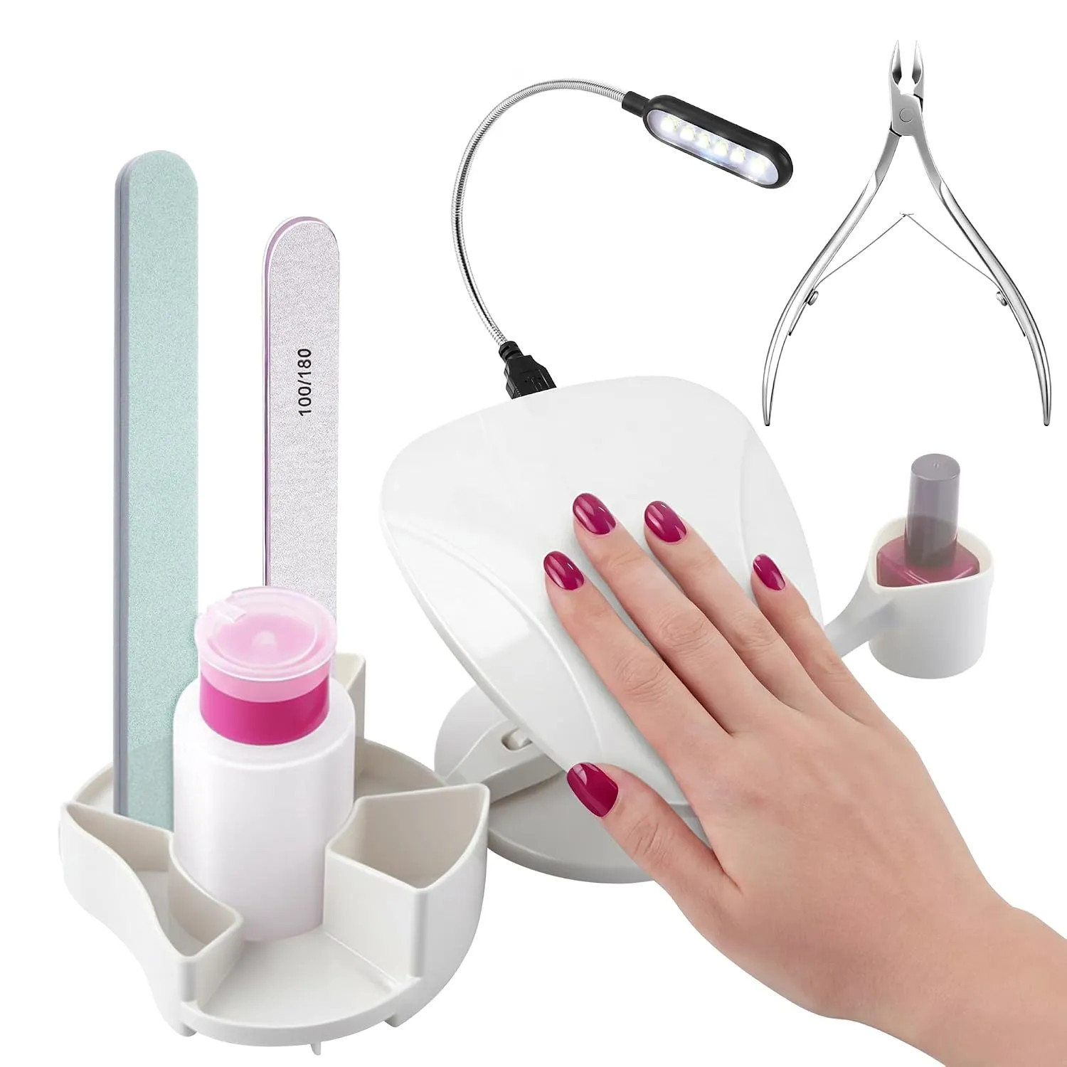 Nail Hand Rest Stand With LED 3 Piece Manicure Set Pink Adjustable Salon Station
