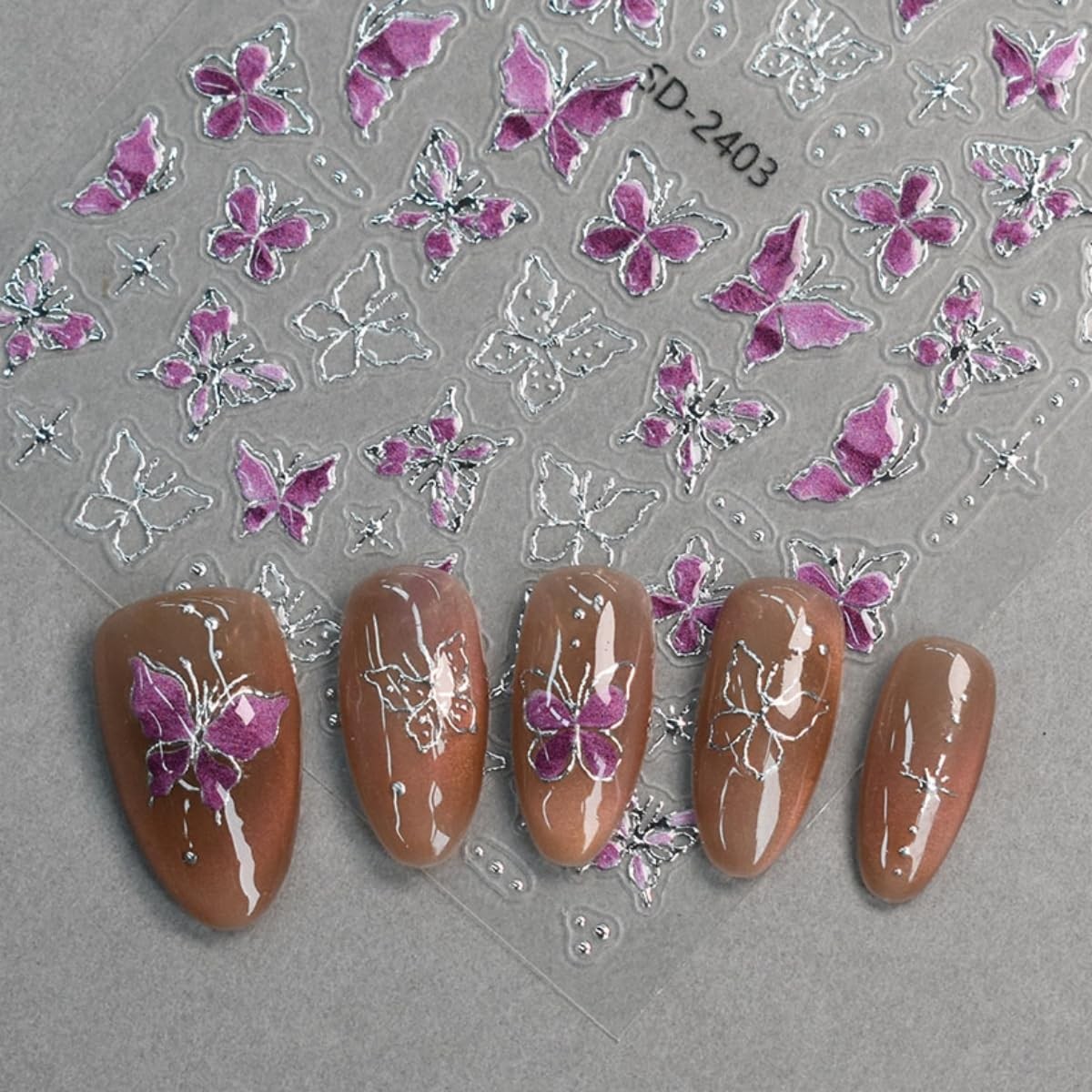 Umillars Butterfly Pink Purple 5D Embossed Nail Stickers 6 Sheets