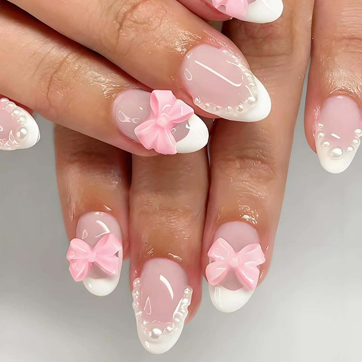 Short Almond Press on Nail with Pink Bow Charm White French Tip Press on Nail…