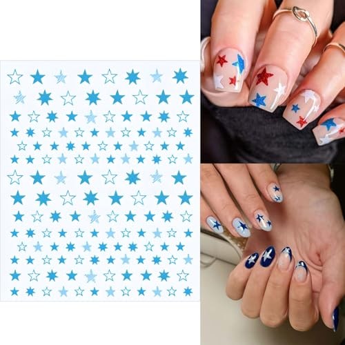 12 Sheets White Blue Red Star Nail Art Stickers 3D Self Blue White Red Star