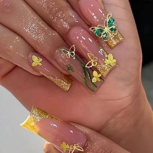 Press on Nails – Long Square Fake Nails with Bling Gold Glitter, CP109Gold
