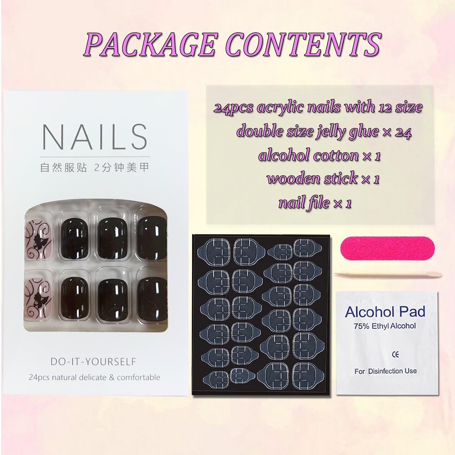 Extra Short Press on Nails Square Black Fake Nails Glossy Acrylic Glue on Nai…