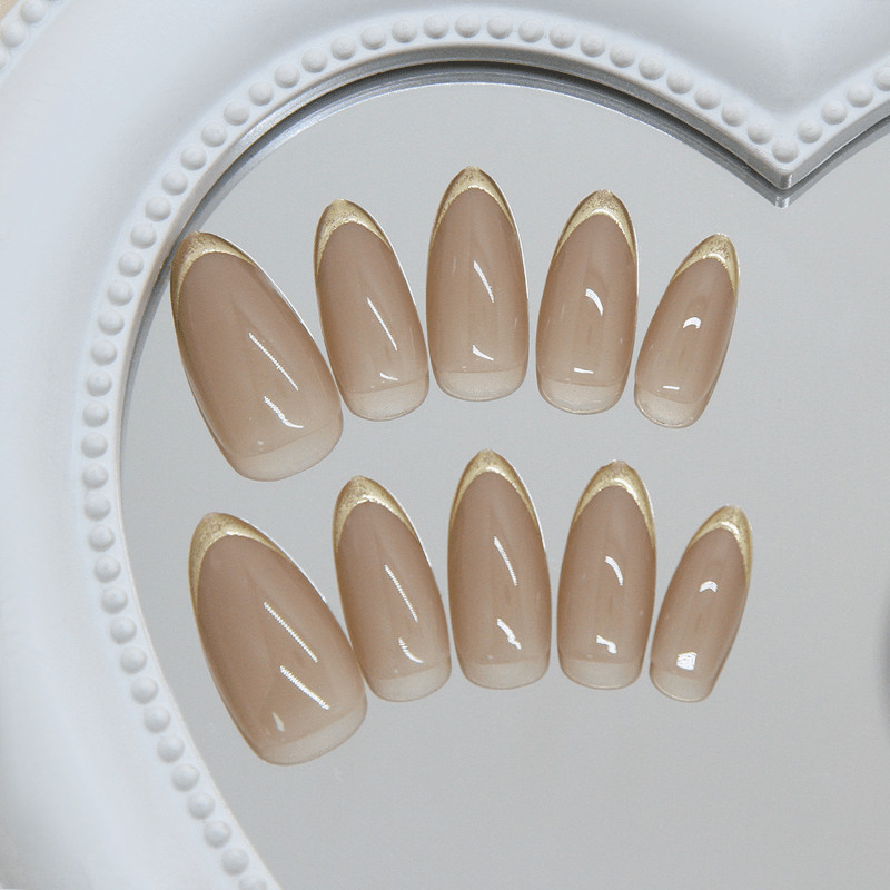 48Pcs Medium Almond Nails, Gold French Edge, Glitter, Luxury Daily Nails