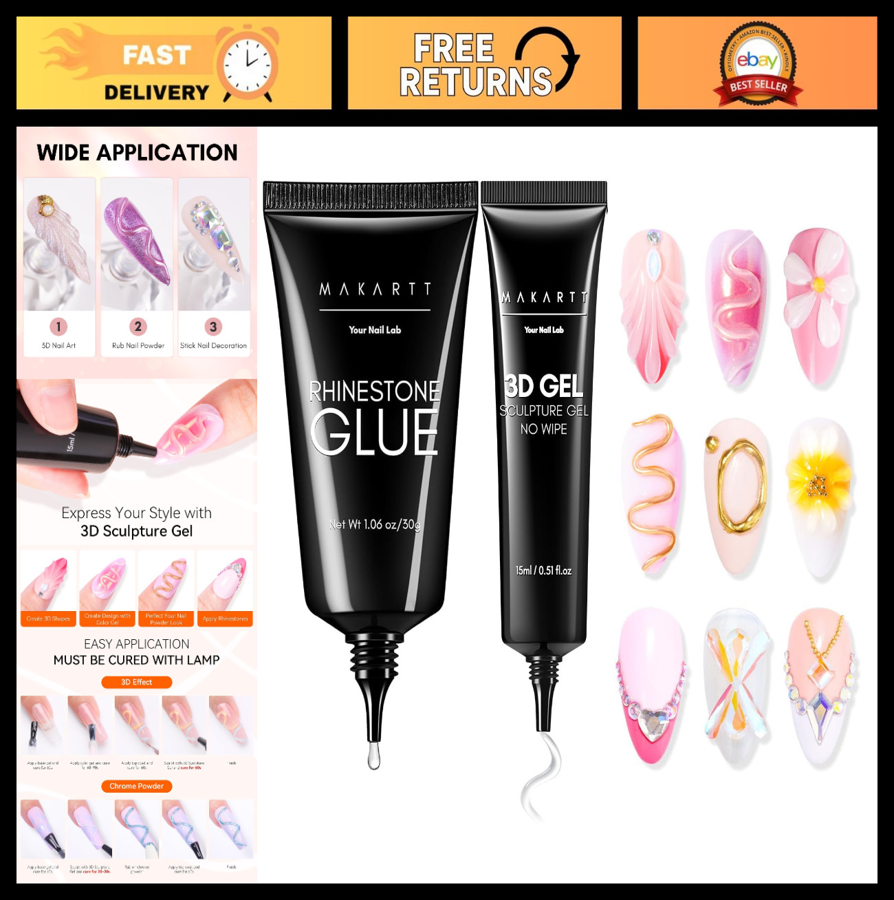 Rhinestone Nail Glue Kit – 3D Gel Art, UV/LED Cured, 15ml & 30ml Gem Adhesive fo