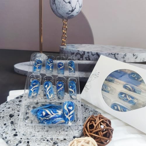 Gold Curve Line Press on Nails Sea Medium Square Fake Nails 24Pcs Blue Gradient