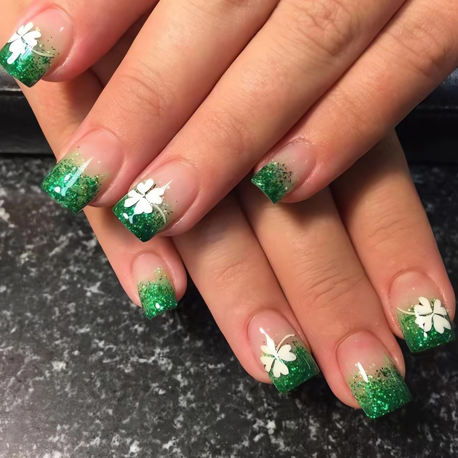 St. Patrick’s Day Press on Nails Short Square Fake Nails Green French Tip Pre…
