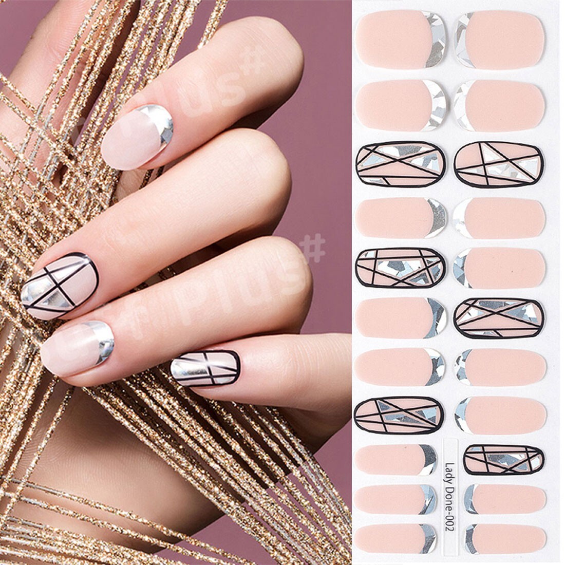 Nude Silver Hologram Nail Decals Korean Black Line Daily Design Beauty Point